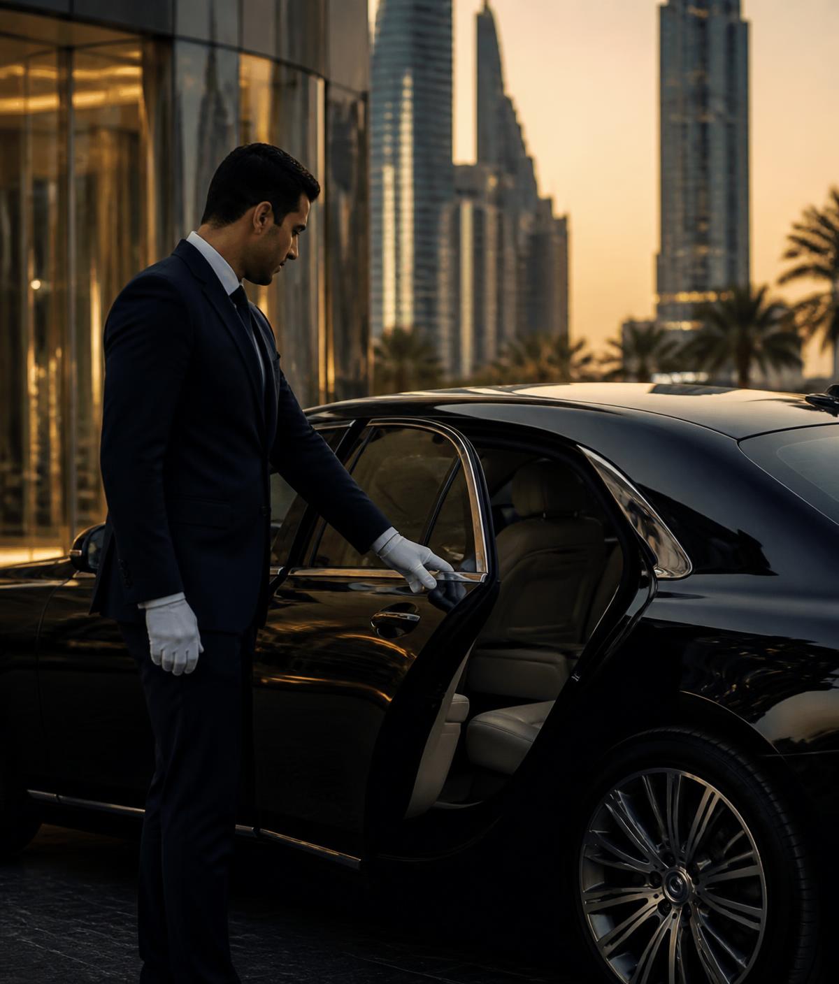 Professional chauffeur opening the rear door of a luxury sedan in Dubai