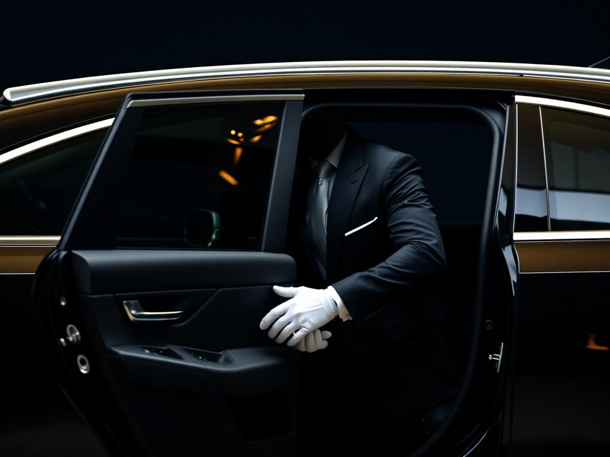 Chauffeur in a black suit opening the door of a luxury sedan