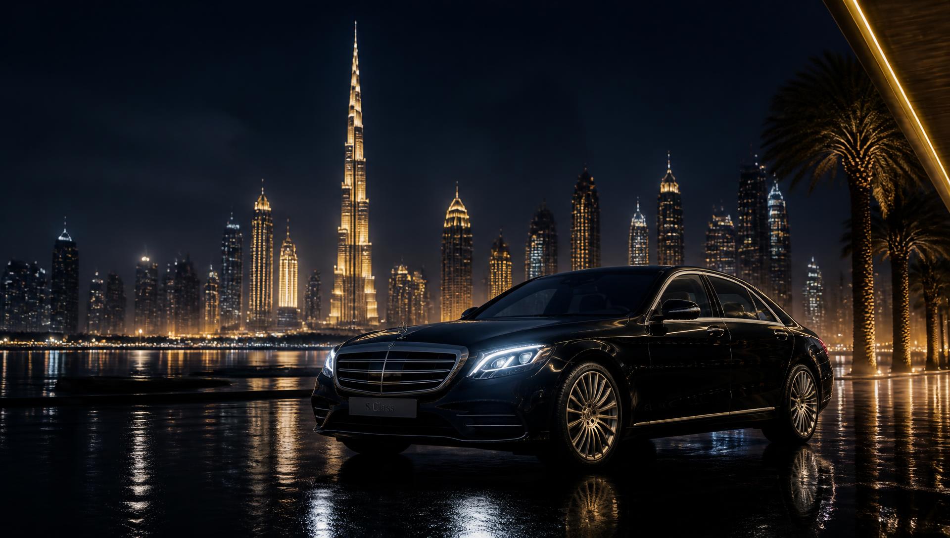 Luxury chauffeur sedan on a Dubai street at night with the city skyline behind